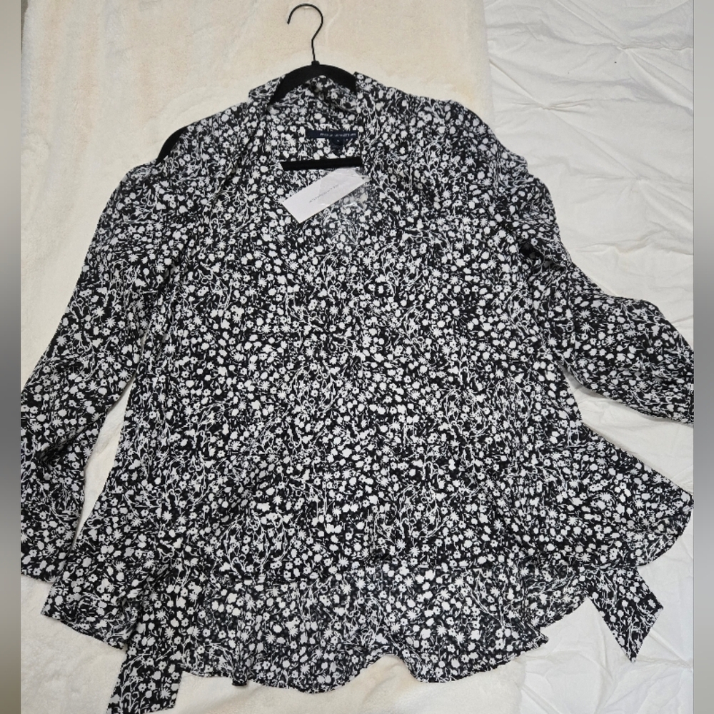 French Connection Black and White Tie Blouse